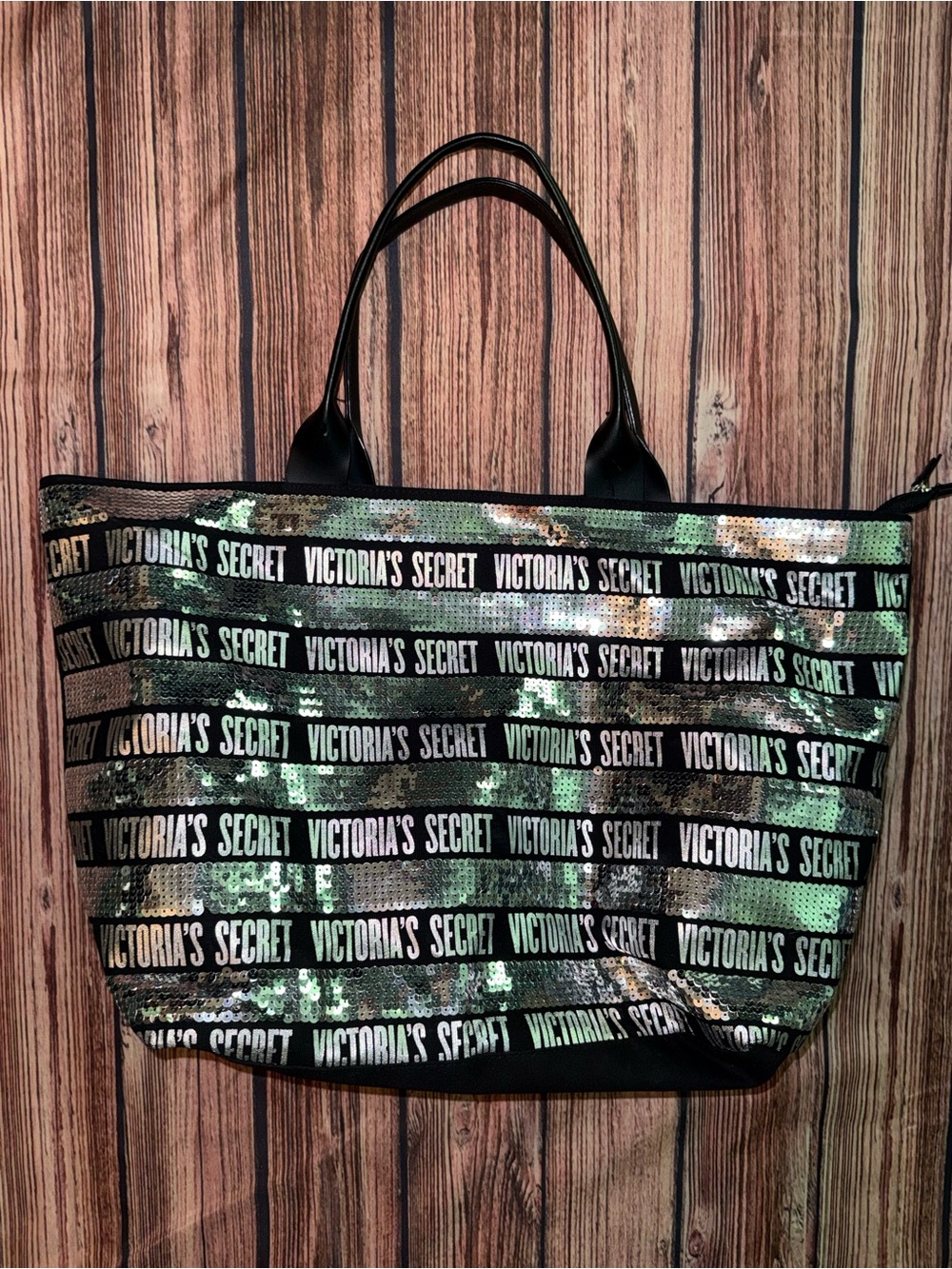 Victoria's Secret Silver Sequin Tote with Black Handles